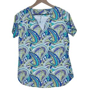 Lulu B Wave Pattern Top Short Sleeve V-Neck Blue Purple Medium Sun Protection